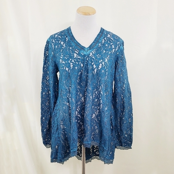 Kyla Seo Caite Nahara lace tunic top sheer teal blue size small - Picture 1 of 5